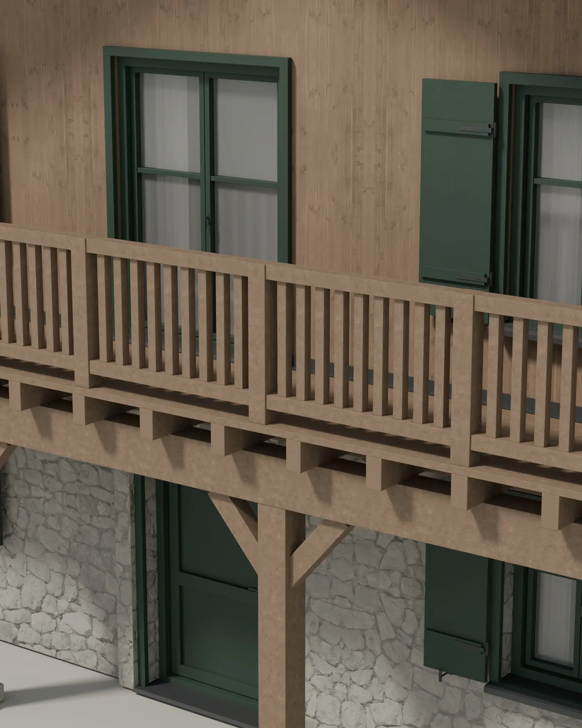 The balcony close up: timber rail and balusters carried on paired braces, above a whitewashed stone wall with green-shuttered windows