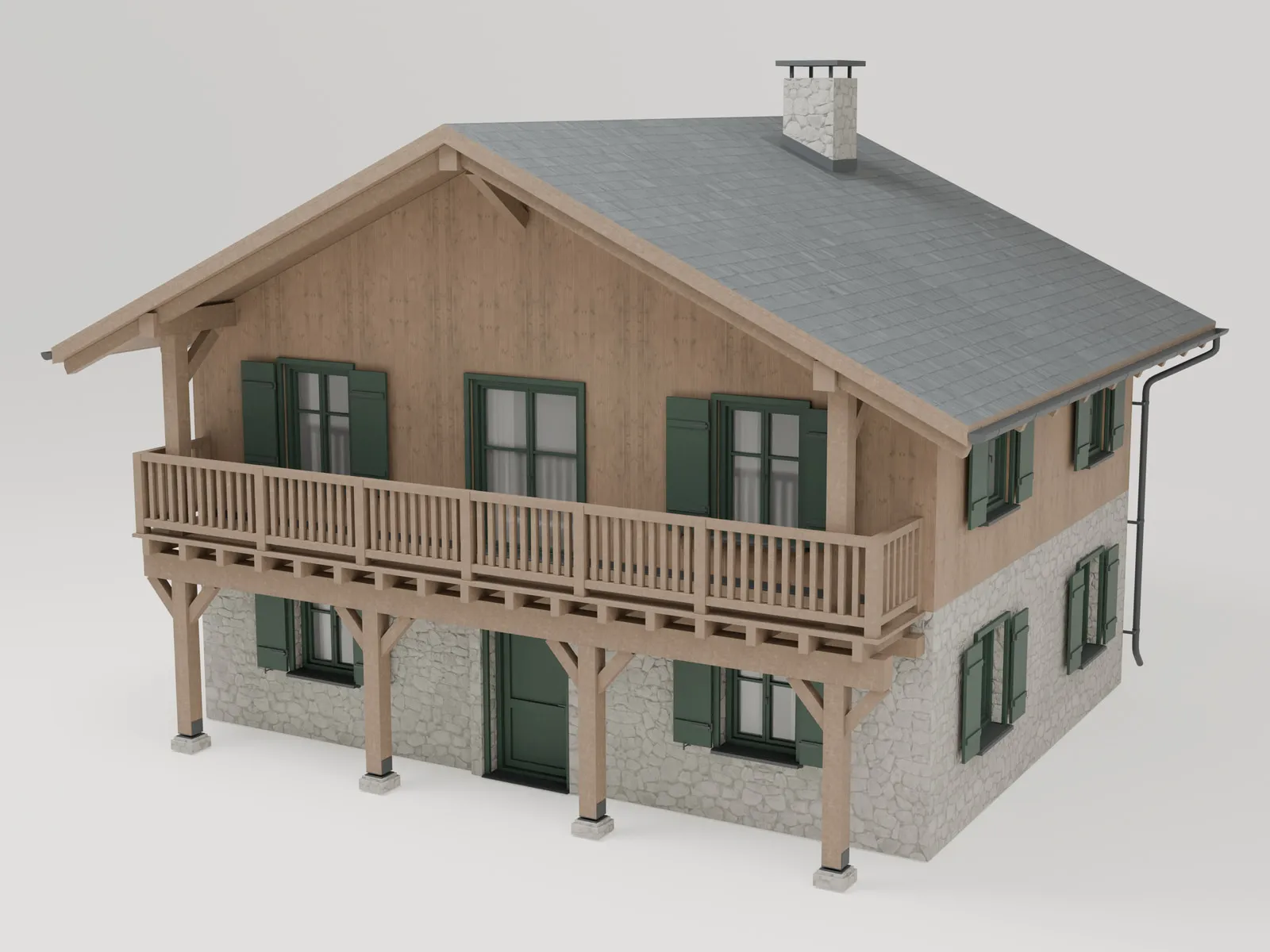 Swiss Alpine Chalet 01 from the front three-quarter: a two-storey chalet with a stone ground floor, larch cladding, deep green shutters, a long timber balcony and a slate roof, on a plain warm-grey studio backdrop