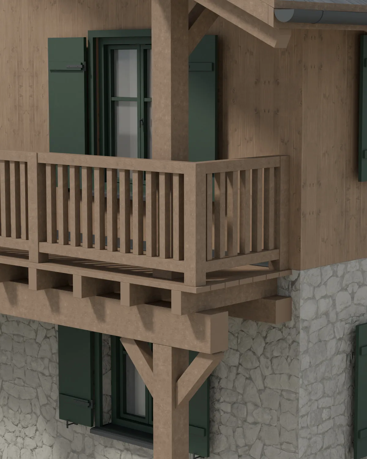The corner of the chalet close up: larch cladding meeting the stone base, a corner post with a brace, green shutters and window frames