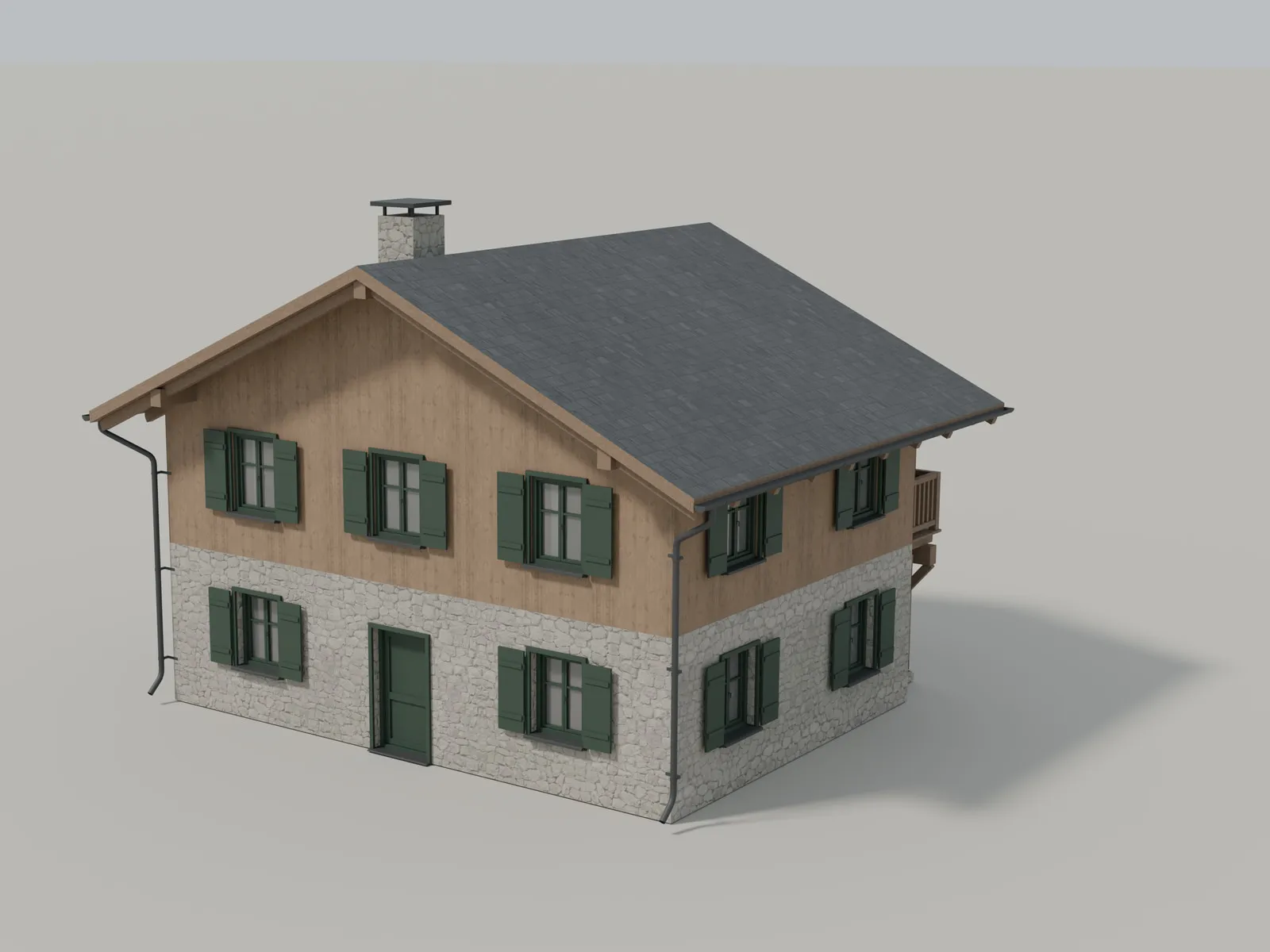The chalet from the rear three-quarter: the gable end with a door and shuttered windows, the stone ground floor and zinc downpipes