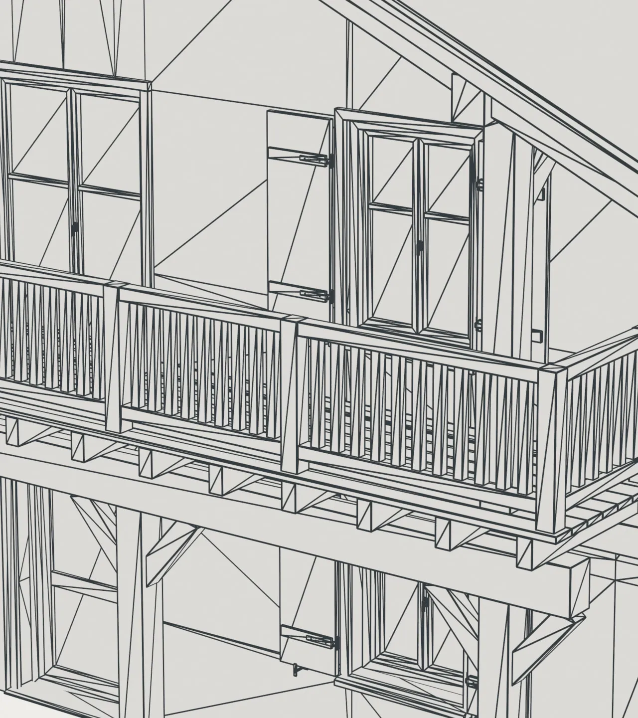 Wireframe close-up of the balcony and two windows, showing the edge density of the rail, balusters, shutters and frames