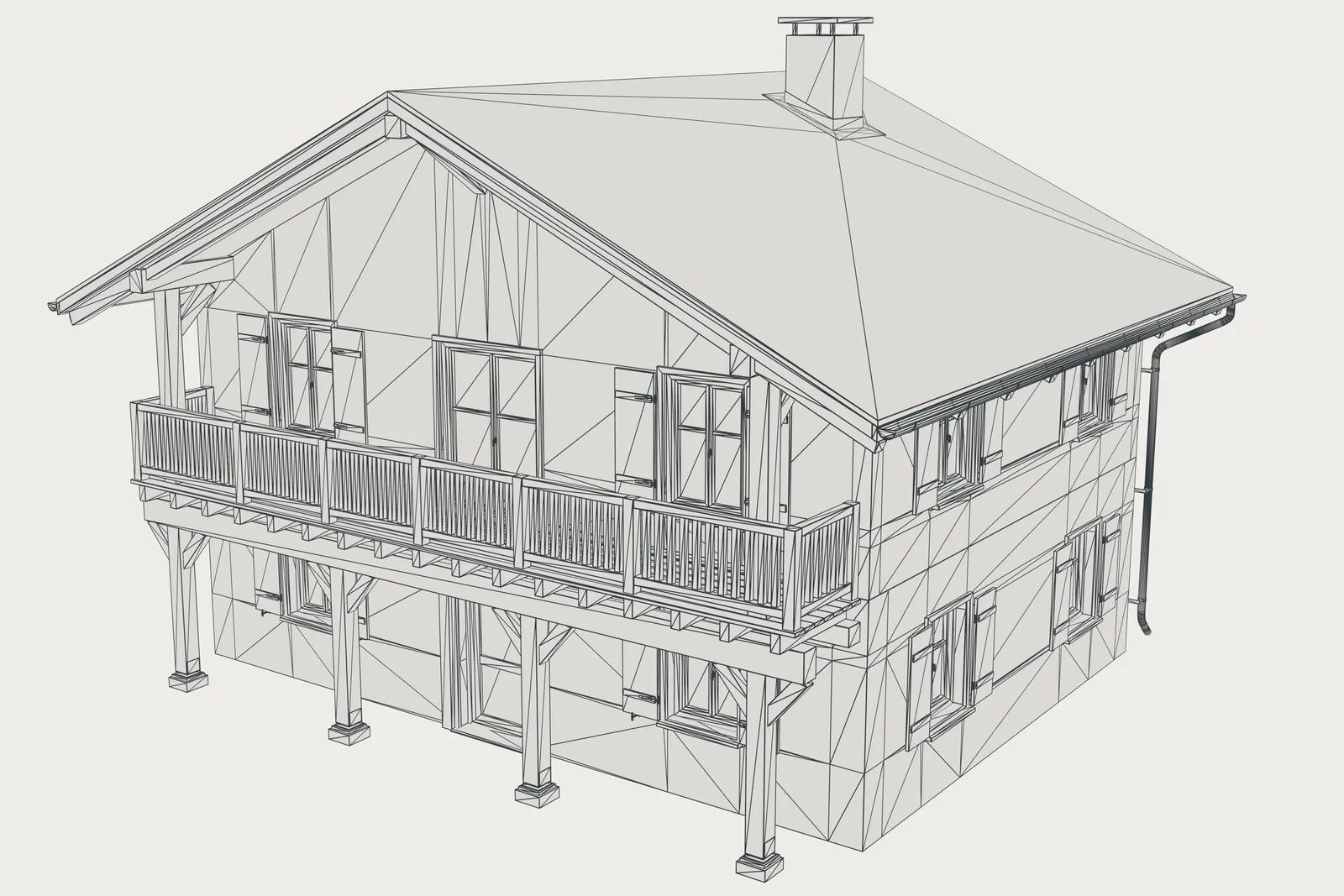 Line drawing of the chalet from the front three-quarter with every triangle edge of the full-detail model drawn over the shaded building